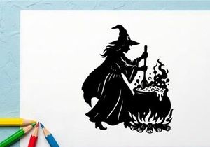 Witch Brewing Potion in Cauldron with Fire and Smoke
