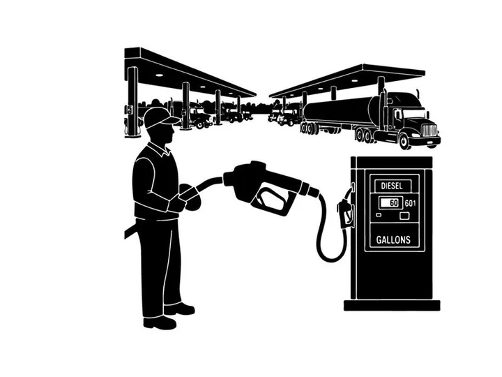 Silhouette of a man refueling a large truck at a gas station silhouette