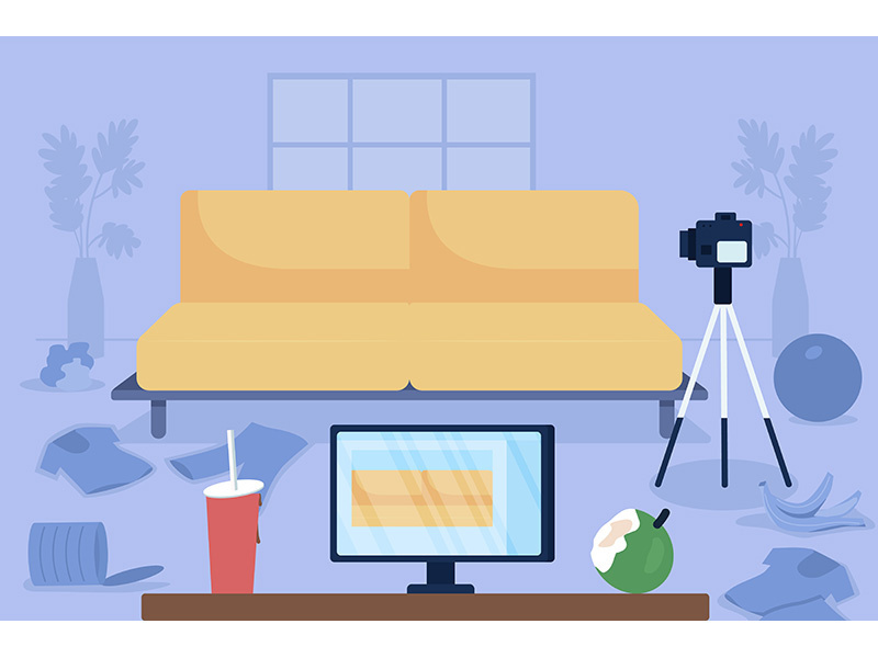 Messy vlogger living room flat color vector illustration