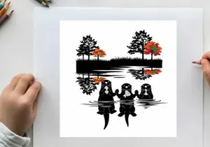 Three otters silhouette swimming in lake with trees and autumn leaves