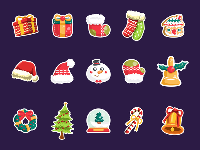 Cute doodle christmas stickers. Vector hand drawn images of candy, candles, star, gift, santa Claus hat, сhristmas cake, gingerbread. Merry christmas lettering.