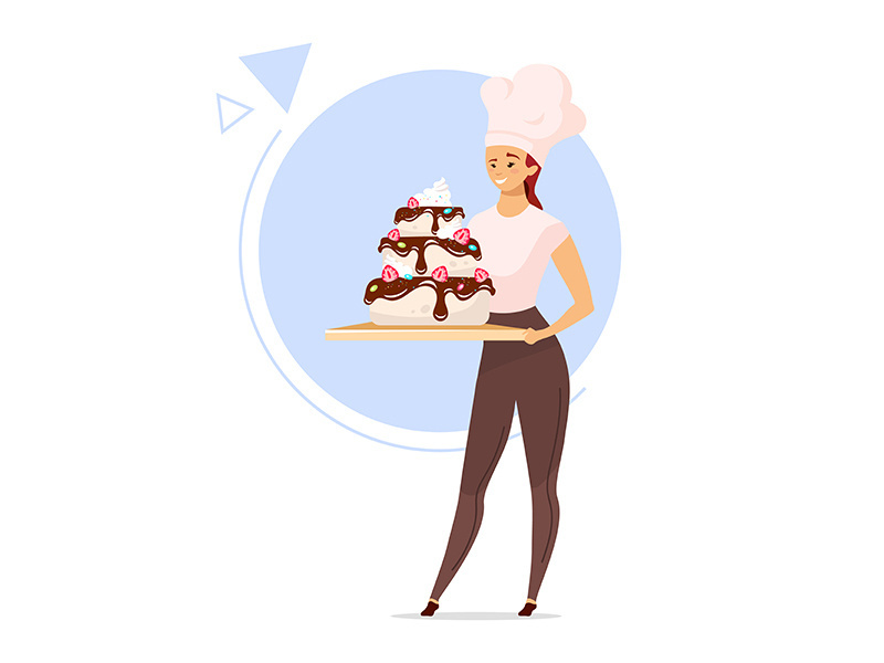 Woman holding tiered cake flat color vector illustration