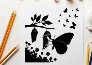 Butterfly silhouette emerging from chrysalis on branch with flowers