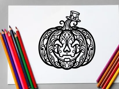 Calabaza de Halloween estilizada con rostro de Jack-o'-Lantern y sombrero de copa