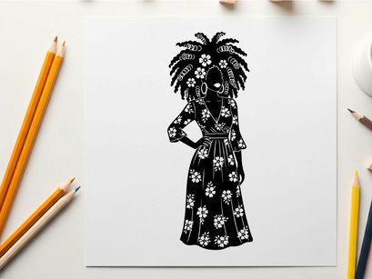 Silhouette of a woman in a floral dress and headdress