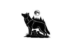 Silhouette of a wolf howling at the full moon in forest