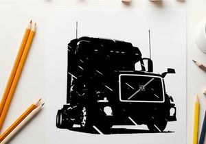 Silhouette of a large truck with a volvo front grille