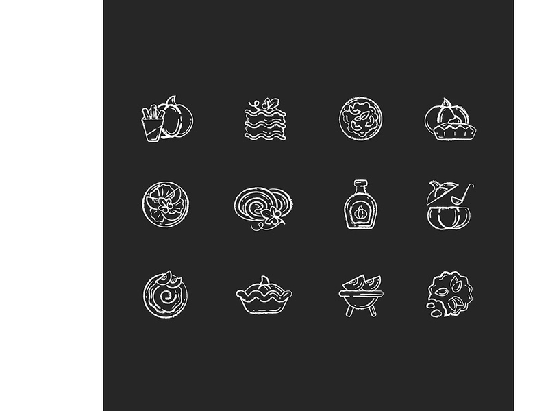 Pumpkin recipes chalk white icons set on black background