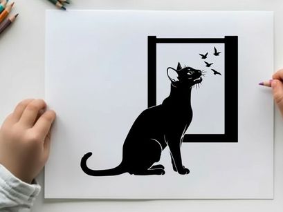 Black silhouette cat looking at birds through a window silhouette