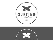 Vintage surfboard logo,surfing on summer beach.For business,badge,holiday, ,label,emblem.
