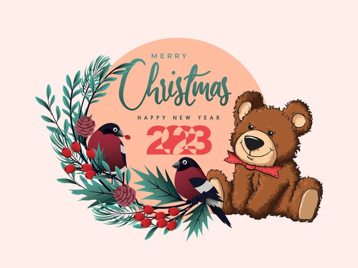 Cartoon Bear happy new year 2023, merry christmas poster and banner.