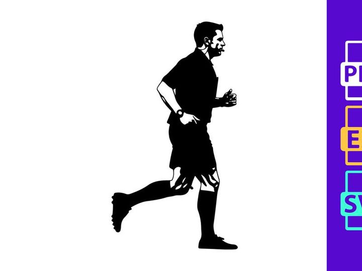 A black and white silhouette of a man running in athletic wear