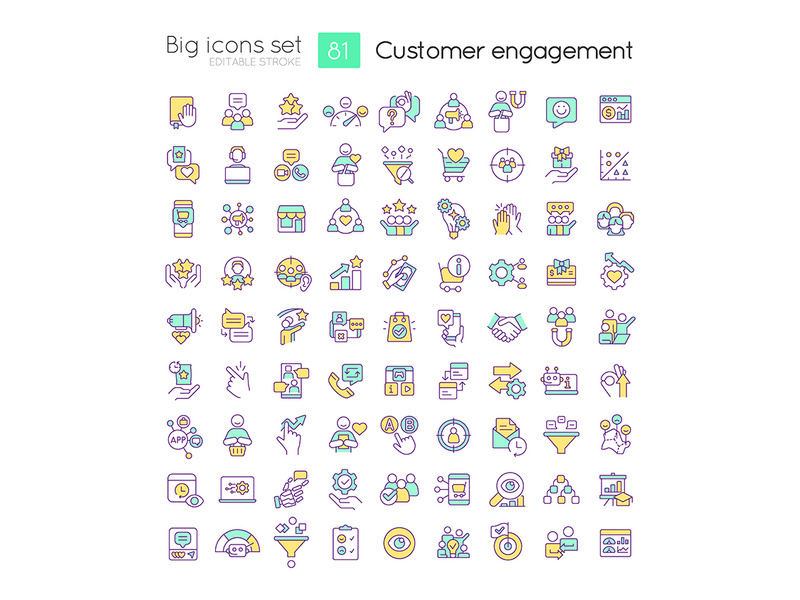 Customer engagement RGB color icons set