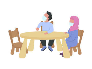 Preschoolers with masks sitting at table semi flat color vector characters preview picture