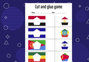 12 Pages Cut and glue game for kids with country flag. Cutting practice for preschoolers. Education paper game for children