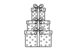 Stack of Christmas gift boxes with ribbons and bows, black and white line art illustration.