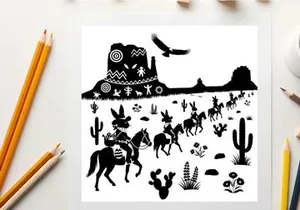 Desert scene with silhouette of cactus horses and rider in southwestern landscape silhouette