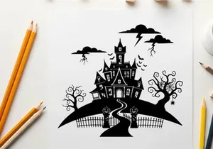 Spooky silhouette of a haunted house on a hill with trees and fence