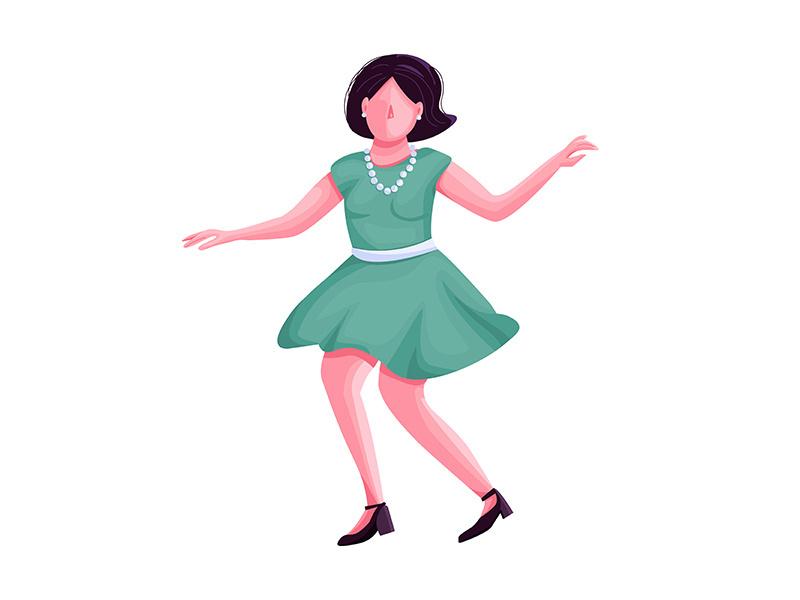 Woman in retro clothes dancing flat color vector faceless character