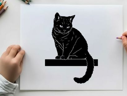 Black cat silhouette sitting on a ledge looking forward