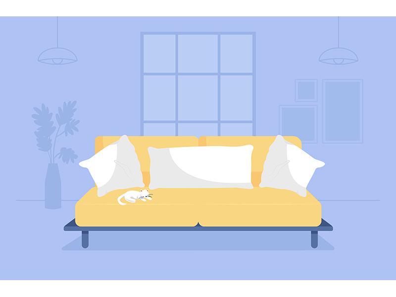 Living room with yellow couch 2D vector isolated illustration