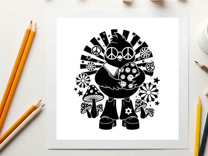 Groovy silhouette of a bird with peace signs and psychedelic patterns