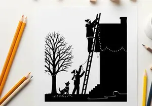 Silhouette of people decorating a house with christmas lights