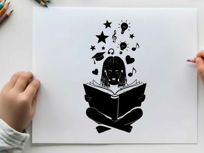 Silhouette of a girl reading with imagination and inspiration
