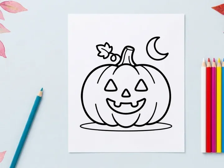 Hand-drawn Halloween jack-o-lantern smiling with stars. Cute cartoon pumpkin face illustration for festive autumn decor.