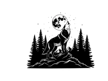 Wolf silhouette howls at full moon in forest silhouette preview picture