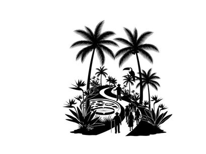 Tropical island silhouette with palm trees and winding path