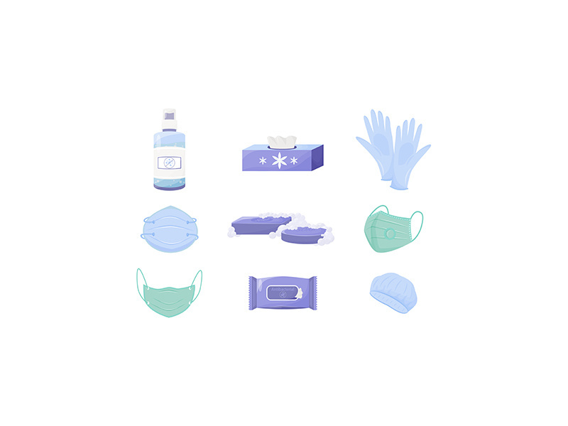 Personal hygiene and disinfection products flat color vector objects set