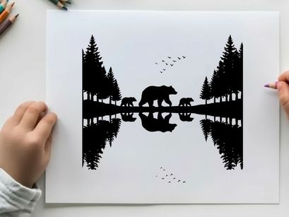 Silhouette of a bear family in a serene forest landscape