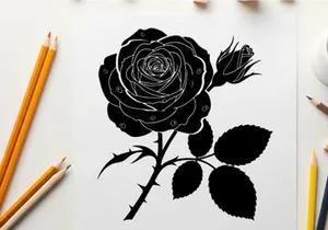 Silhouette of a blooming rose with leaves and thorns