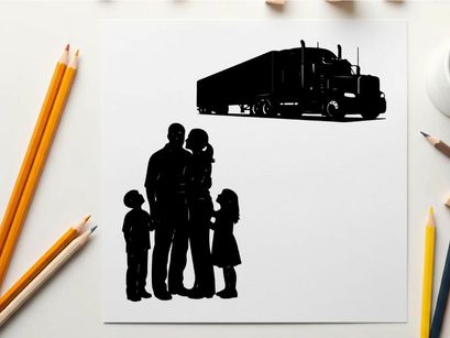 Silhouette of a family and a semi truck on a white background