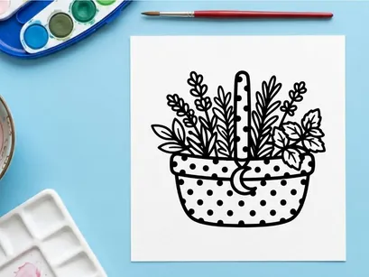 Hand-drawn Halloween potted plant with spooky leaves. Black and white botanical illustration of festive indoor decor.