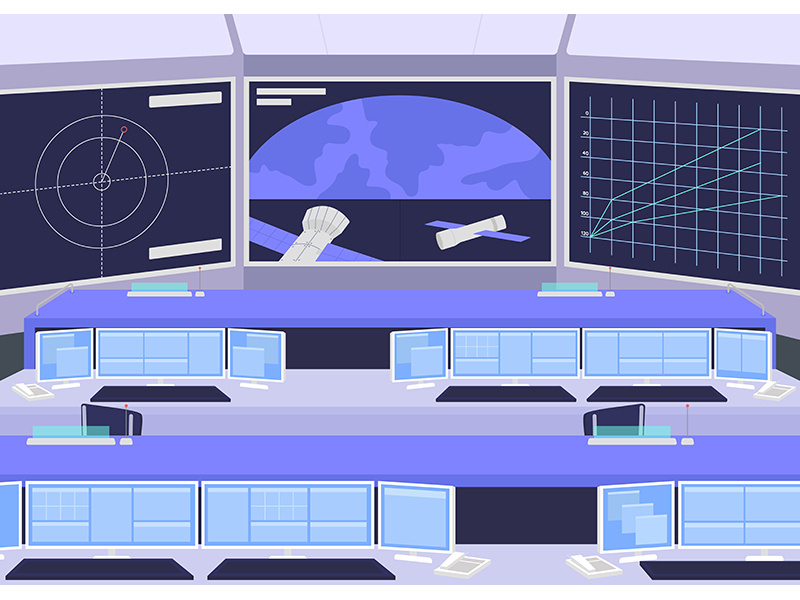 Mission control center flat color vector illustration