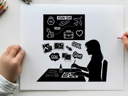 Silhouette of woman planning vision board with goals and inspiration