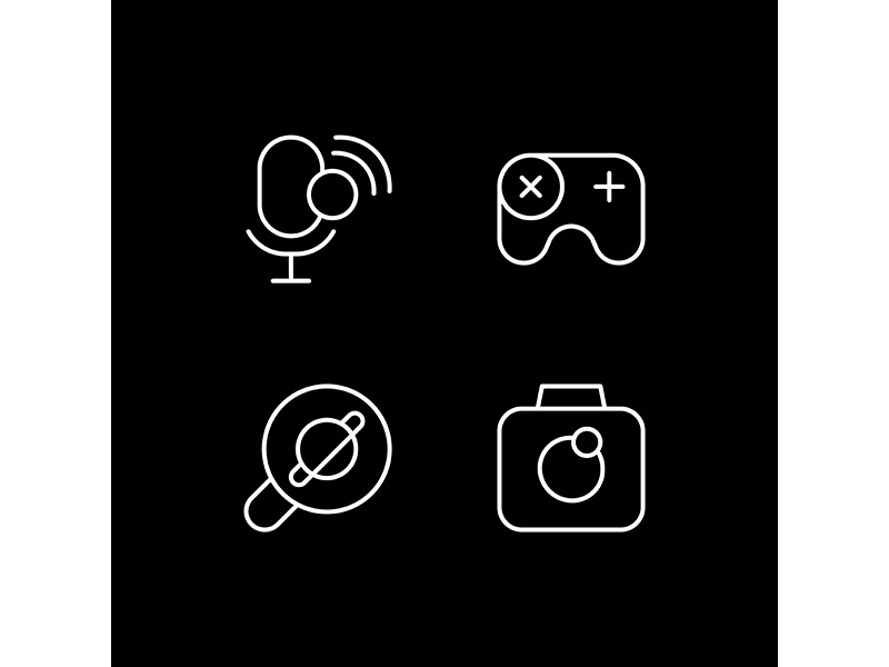Mobile interface white linear icons set for dark theme