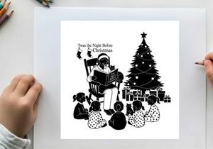 Silhouette of a man reading to children by a christmas tree silhouette