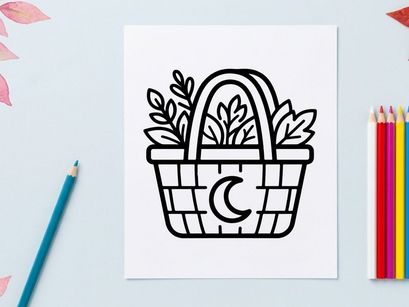 Cesta artesanal de Halloween com vegetação fresca e símbolo da lua. Recipiente de colheita assustador para comemorações de outono e presentes de doces ou travessuras.