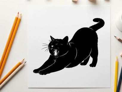 Black cat silhouette in aggressive stance with open mouth and sharp teeth