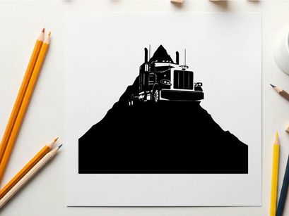 Silhouette of a semi truck on a hill