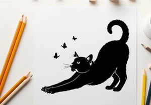 Black cat silhouette stretching towards butterflies