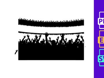 Concert crowd silhouette with raised hands in front of bright white background preview picture