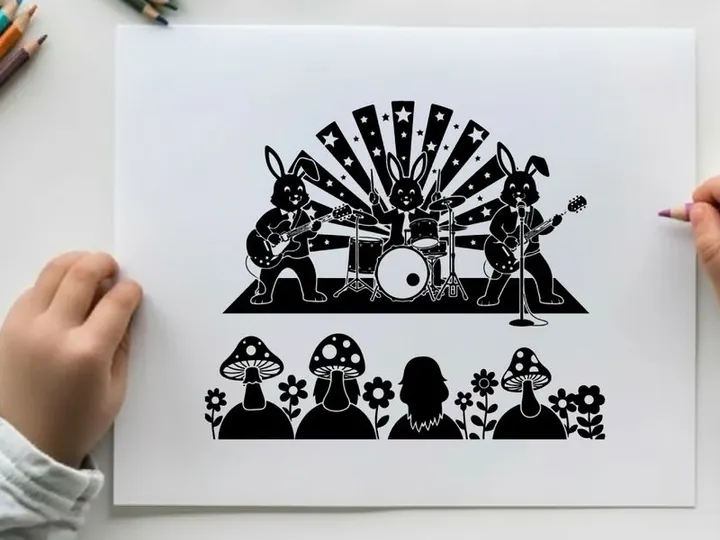 Silhouette of rabbits playing music for crowd with mushrooms