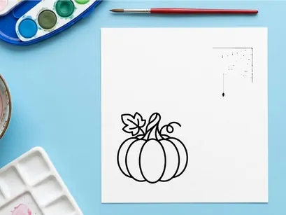 Hand-drawn pumpkin illustration with autumn leaves. Whimsical sketch of harvest gourd and floral decoration for seasonal designs.