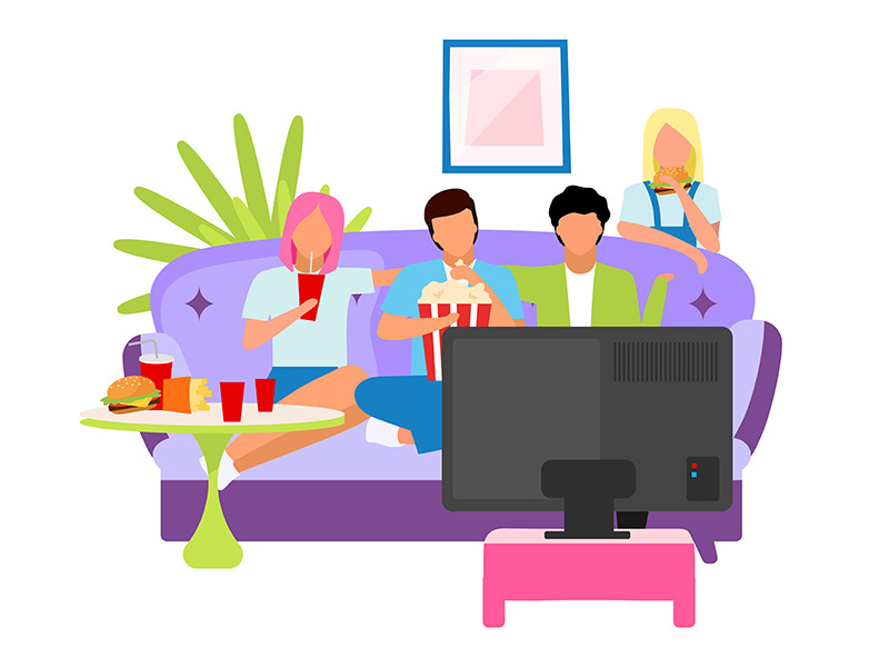 Friends watching movie together flat illustration