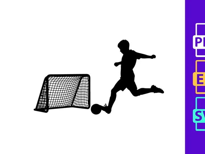 Soccer player kicking ball into goal in a dynamic motion silhouette