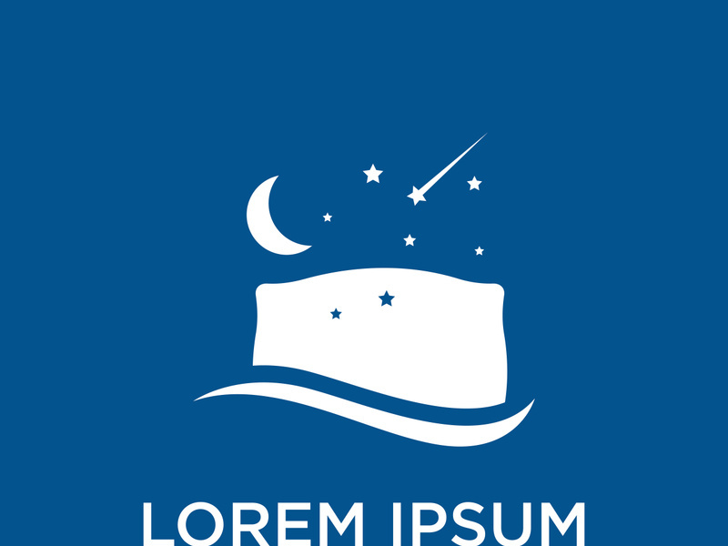 Bed and sleep logo creative design, with pillow,zzz, clock, moon and stars.